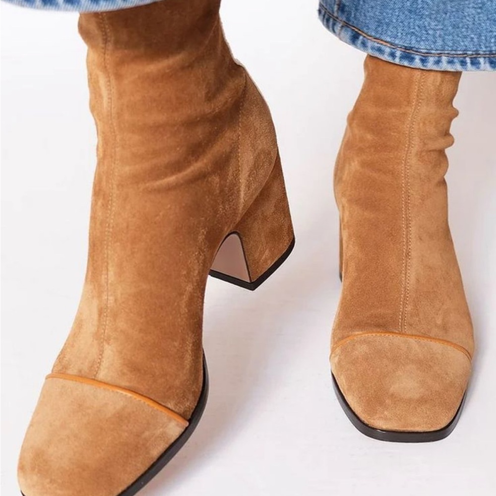 Square Toe Faux Suede Light Brown Chunky Heel Boots
